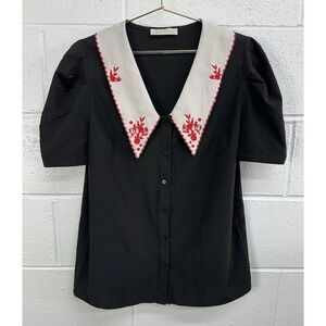 Belle Poque Embroidered Black & White Collar Rockabilly 1950's Style Shirt Sz M